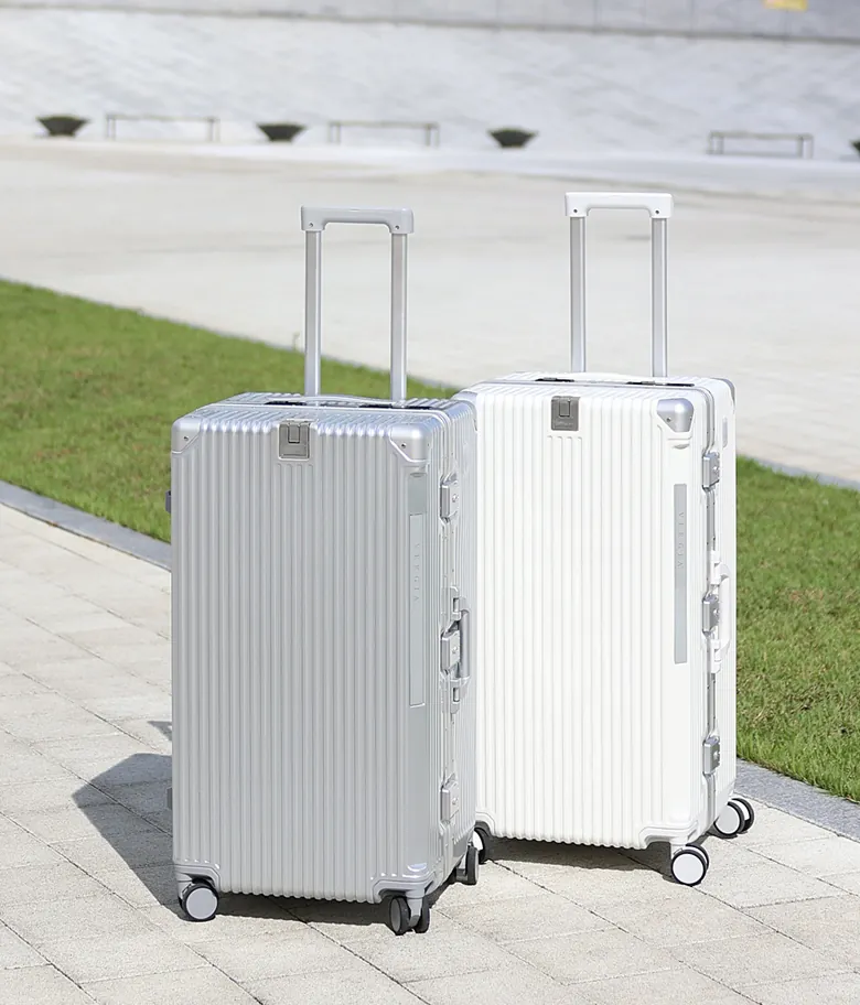 Deux valises 28 pouces, argent et blanche, de trois quarts