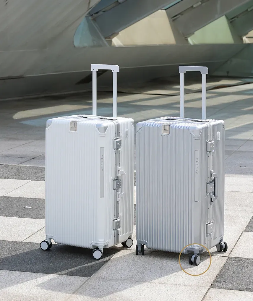 Valises blanche et argent sur dalles, roue cerclée