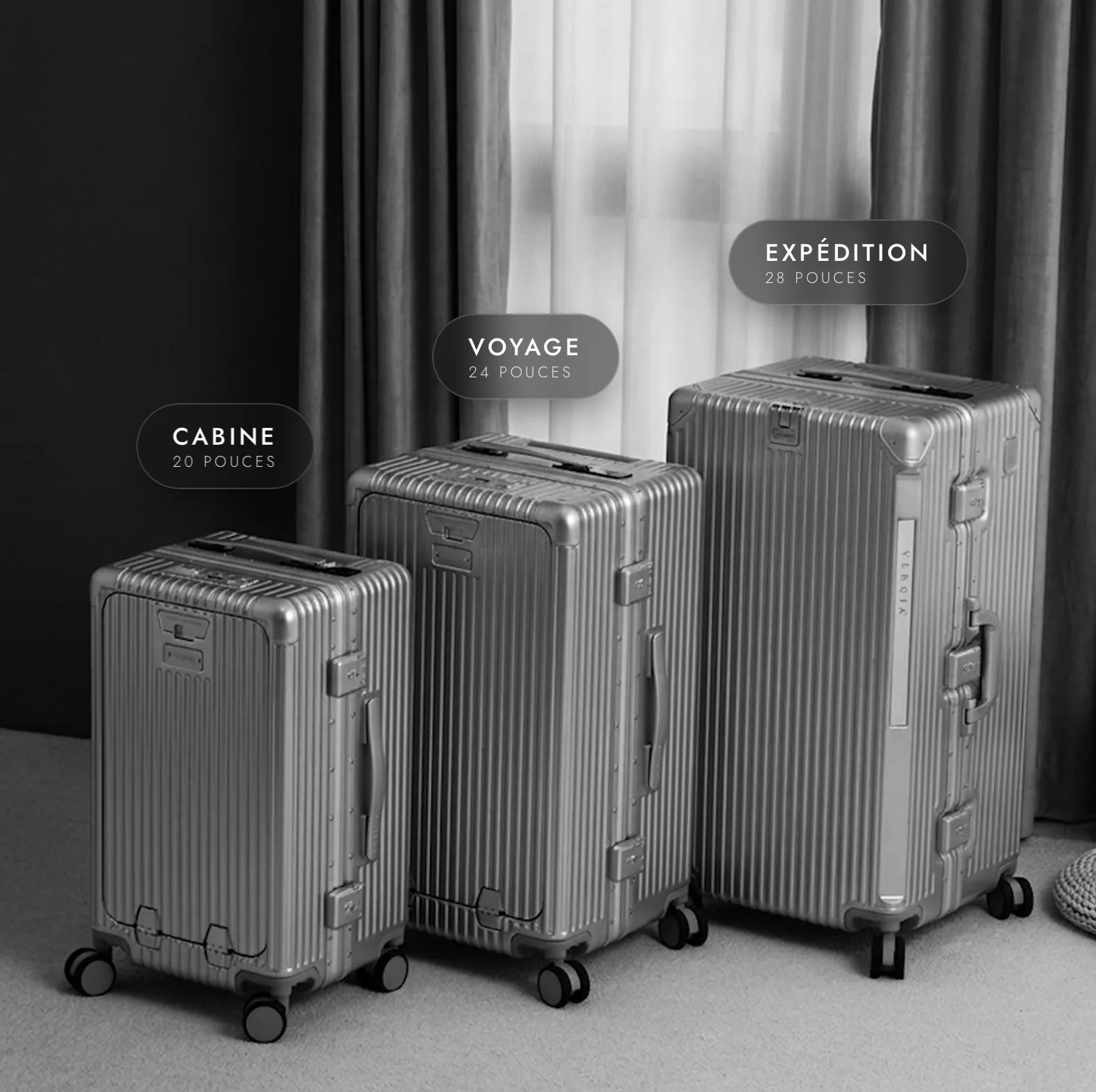 Les trois tailles : Cabine 20, Voyage 24 et Expedition 28 pouces