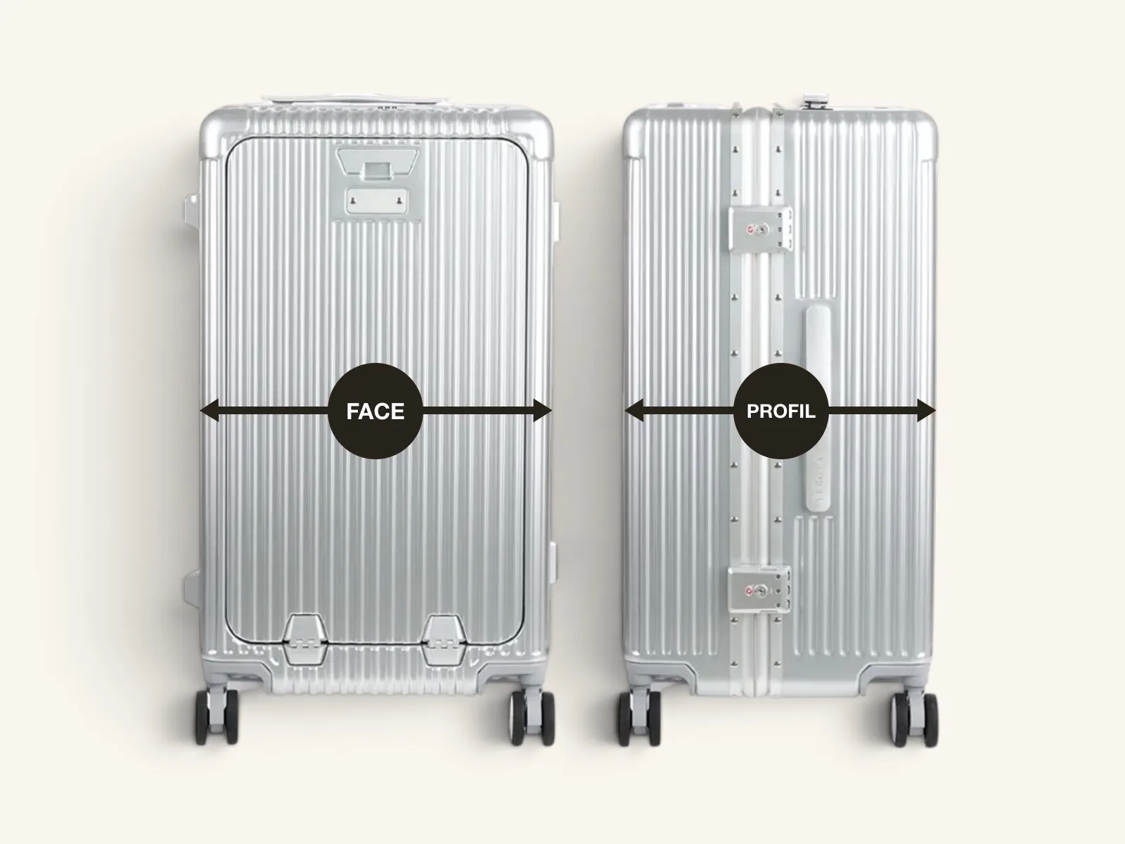Valise de face et de profil, flèches montrant la largeur du ratio 6:4