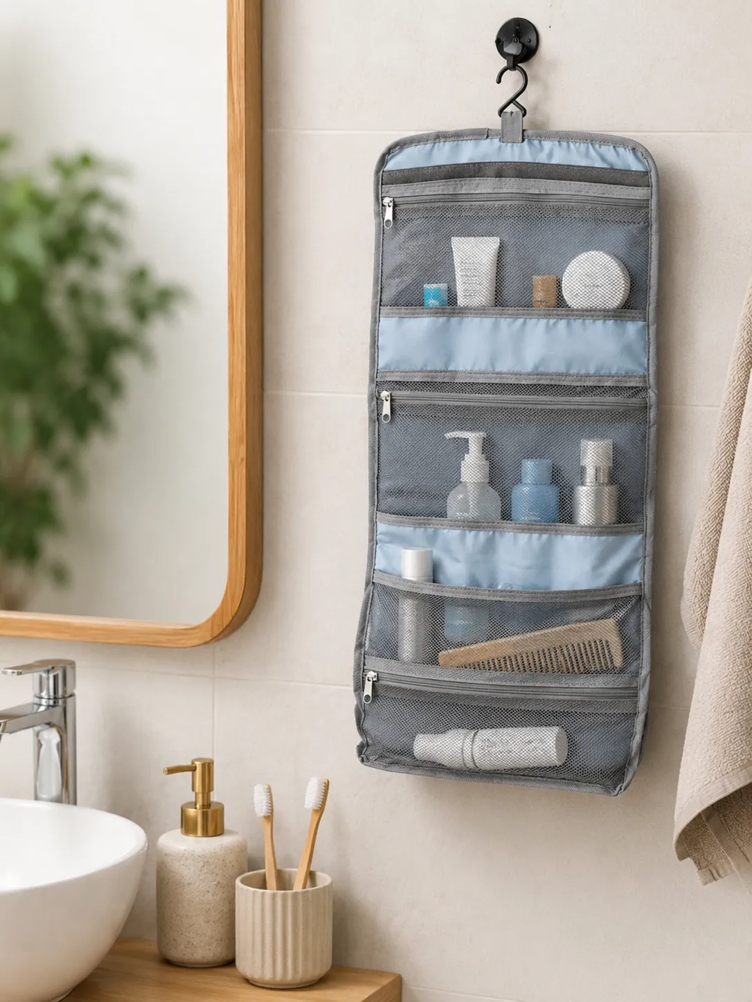La pochette Vergia remplie de cosmétiques, suspendue en salle de bain