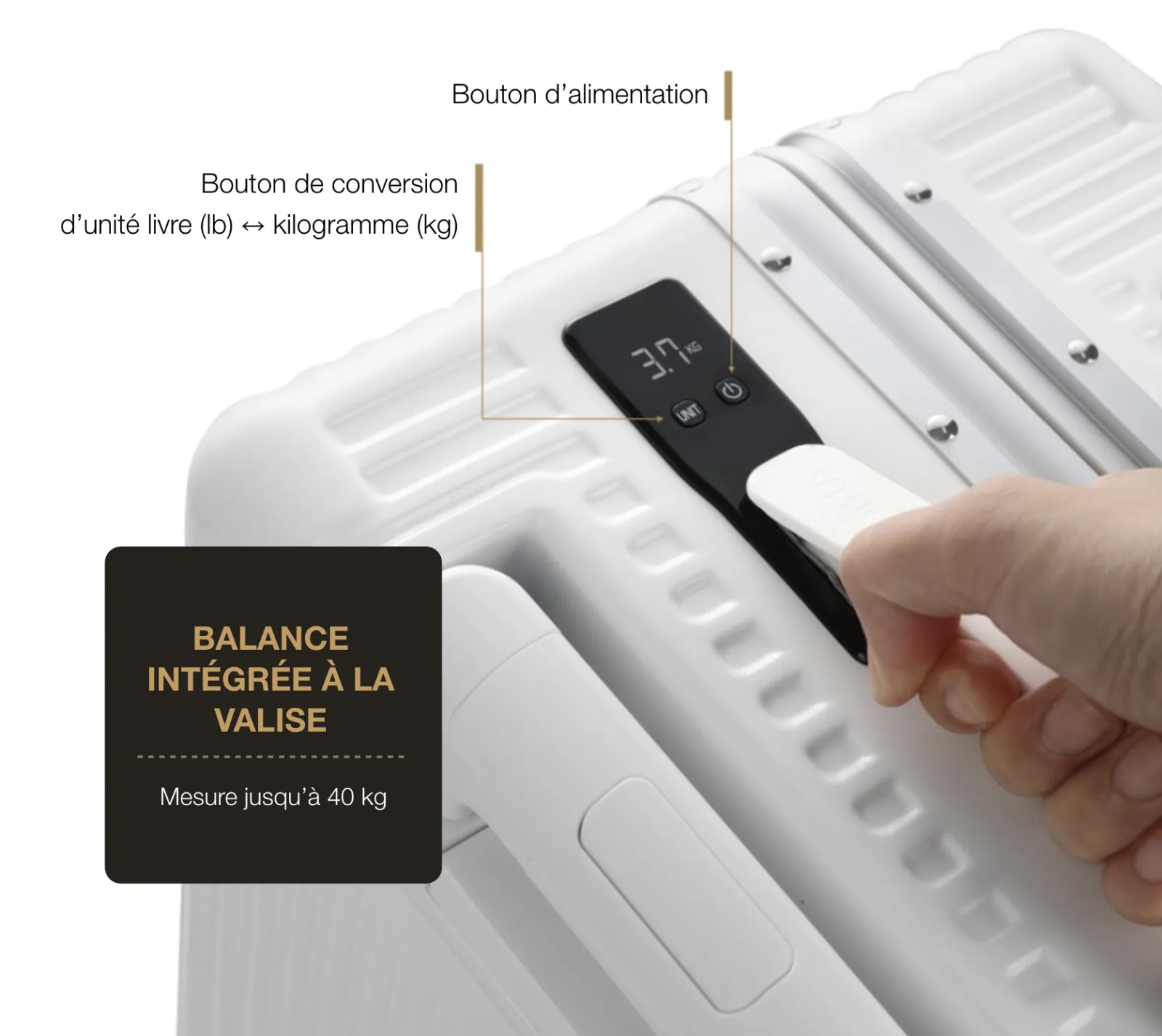 Balance intégrée à la valise : écran LCD, boutons marche/arrêt